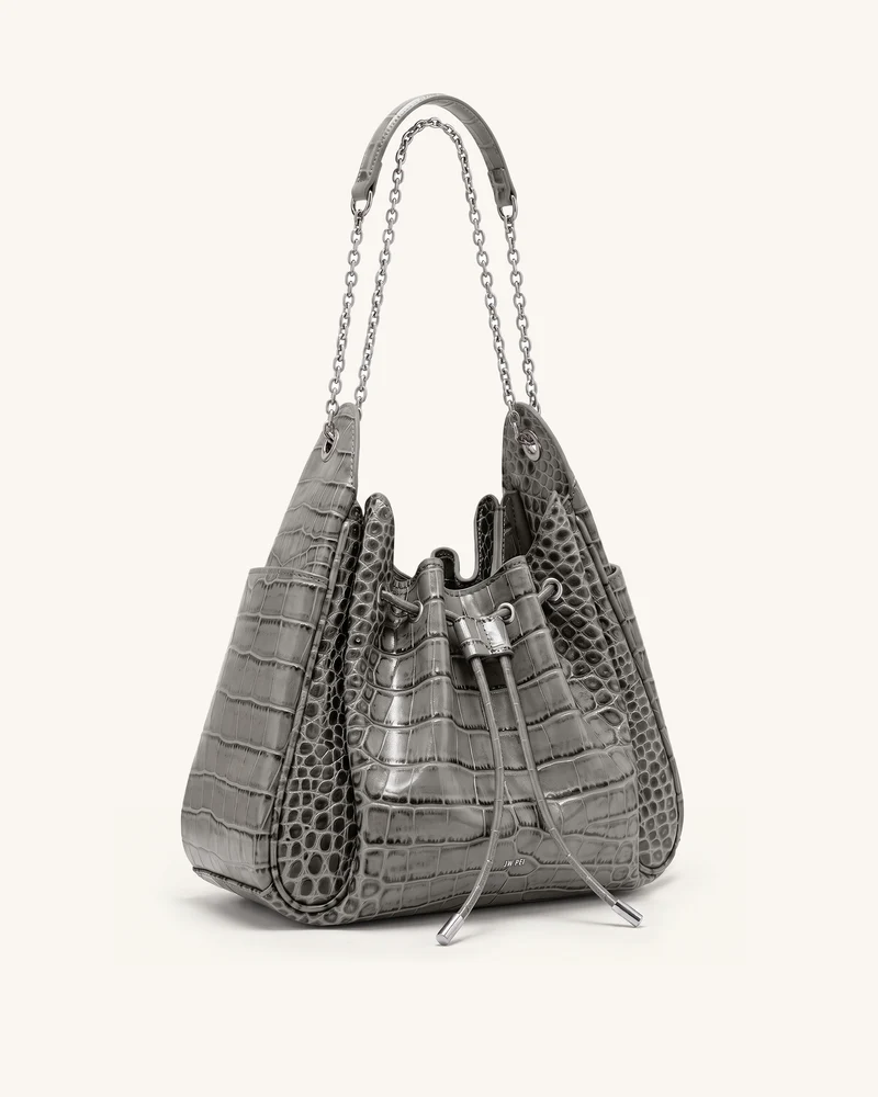 Rowan Raffierte Kordelzug-Ketten-Bucket-Bag - Grau Krokodilloptik