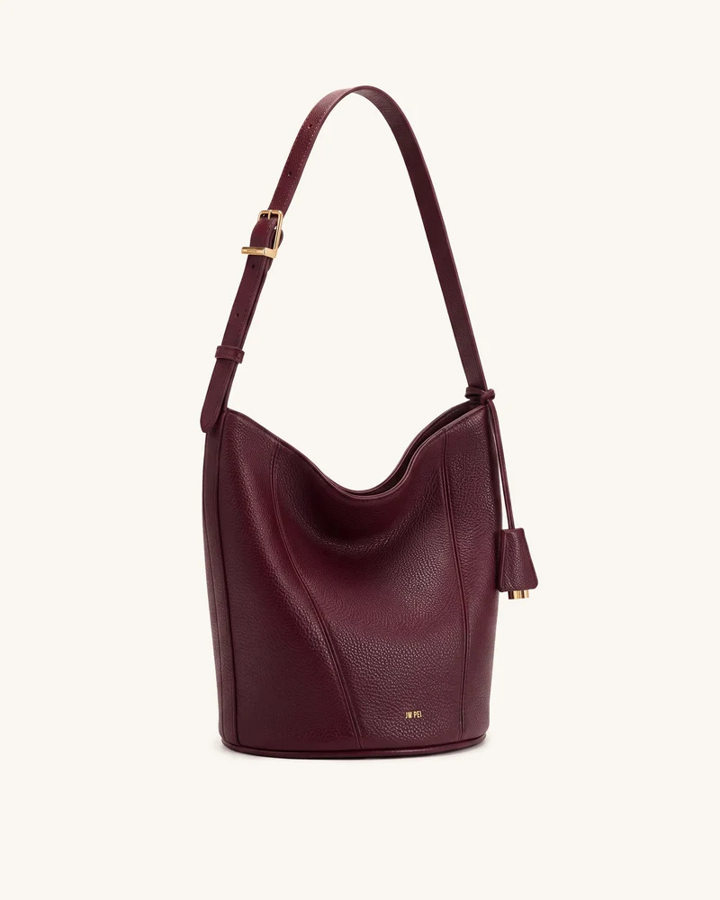 Zora Beuteltasche aus genarbtem Leder – Tiefes Burgunderrot