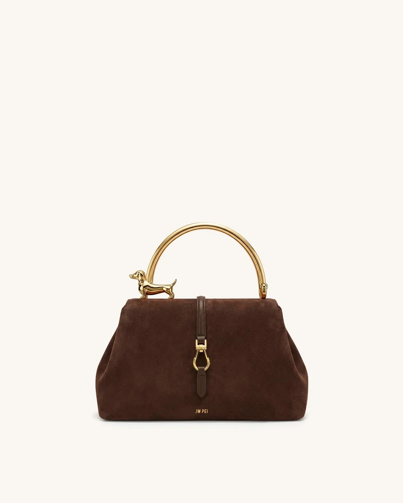 Bruna Handtasche aus Wildlederimitat mit Dackel-Metallhenkel – Sandelholzbraun