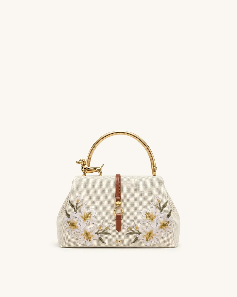 Bruna Handtasche mit Dackel-Metallhenkel und Lilienstickerei – Brauner Canvas