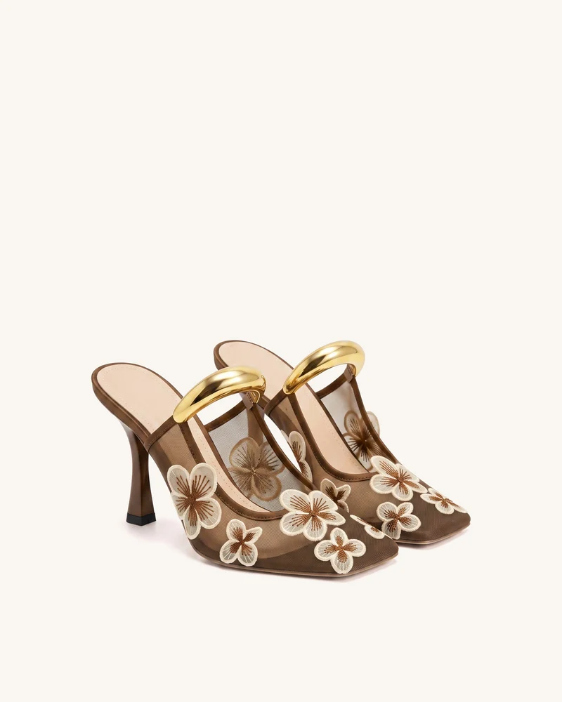 Mireille Durchbrochene Floral bestickte Mesh-Mules mit Applikationen – Braun