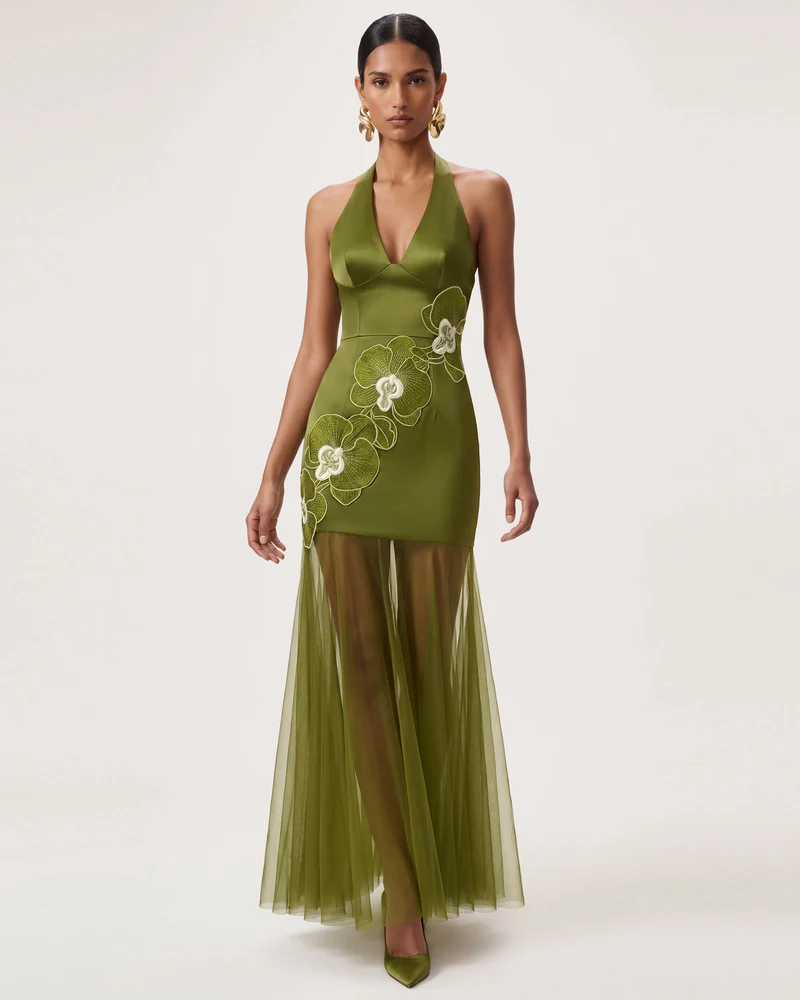 Maxikleid mit Neckholder, Orchideenstickerei und transparentem Saum - Olivgrün