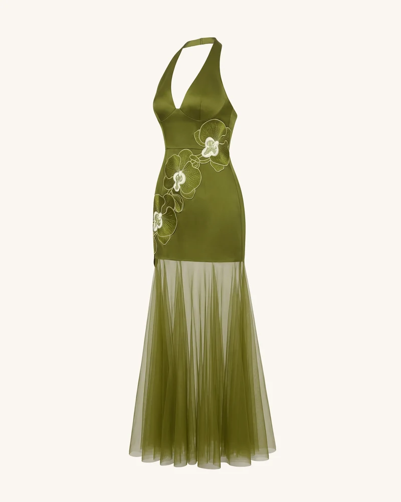 Maxikleid mit Neckholder, Orchideenstickerei und transparentem Saum - Olivgrün