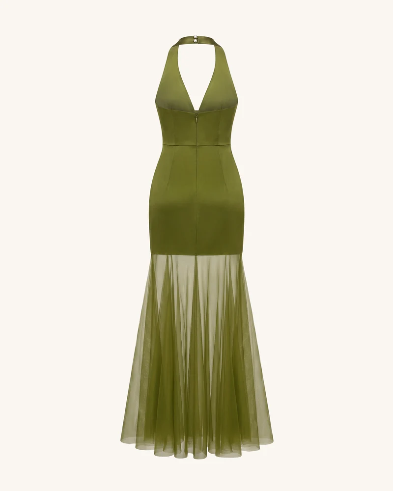 Maxikleid mit Neckholder, Orchideenstickerei und transparentem Saum - Olivgrün