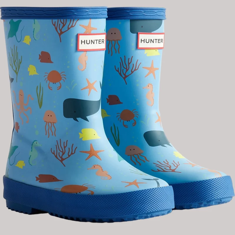 Hunter Kids First Klassischer Gummistiefel mit Ozeanmuster | Verstärkendes Blau Libellenblau
