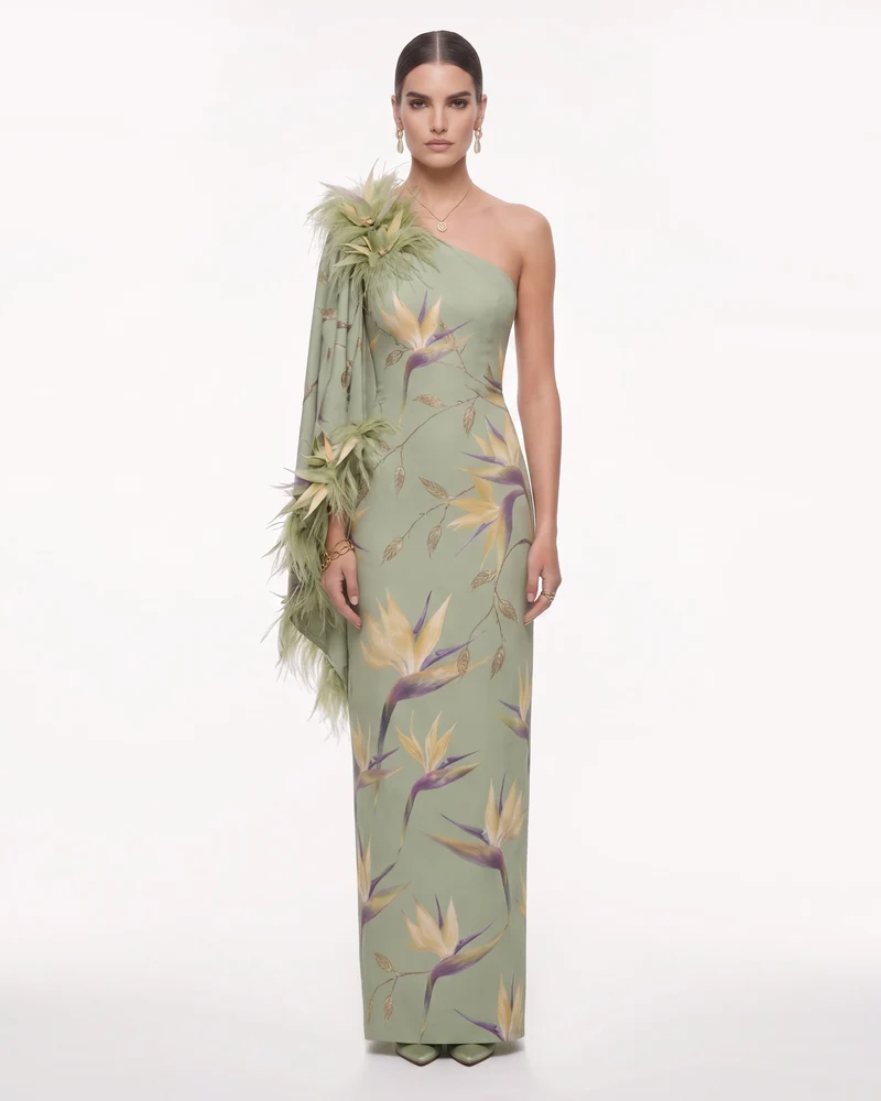 Bird of Paradise One-Shoulder-Maxikleid mit Federbesatz – Grün