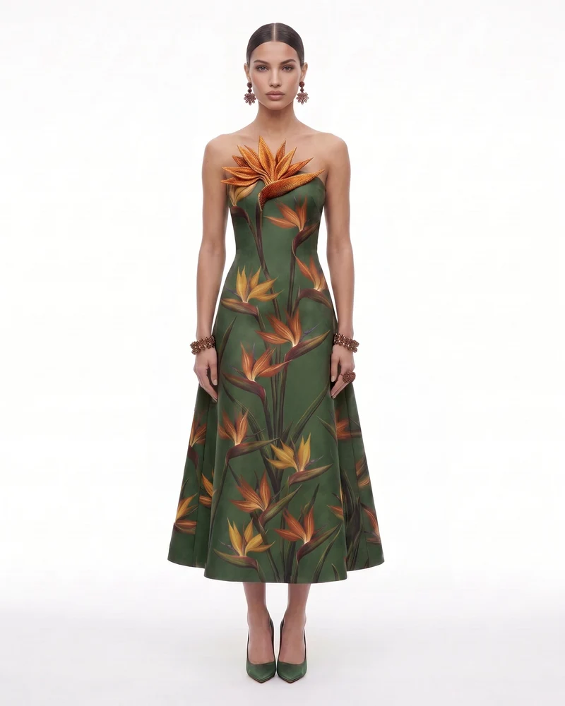 Trägerloses A-Linien-Midikleid mit Paradiesvogel-Applikation - Grün
