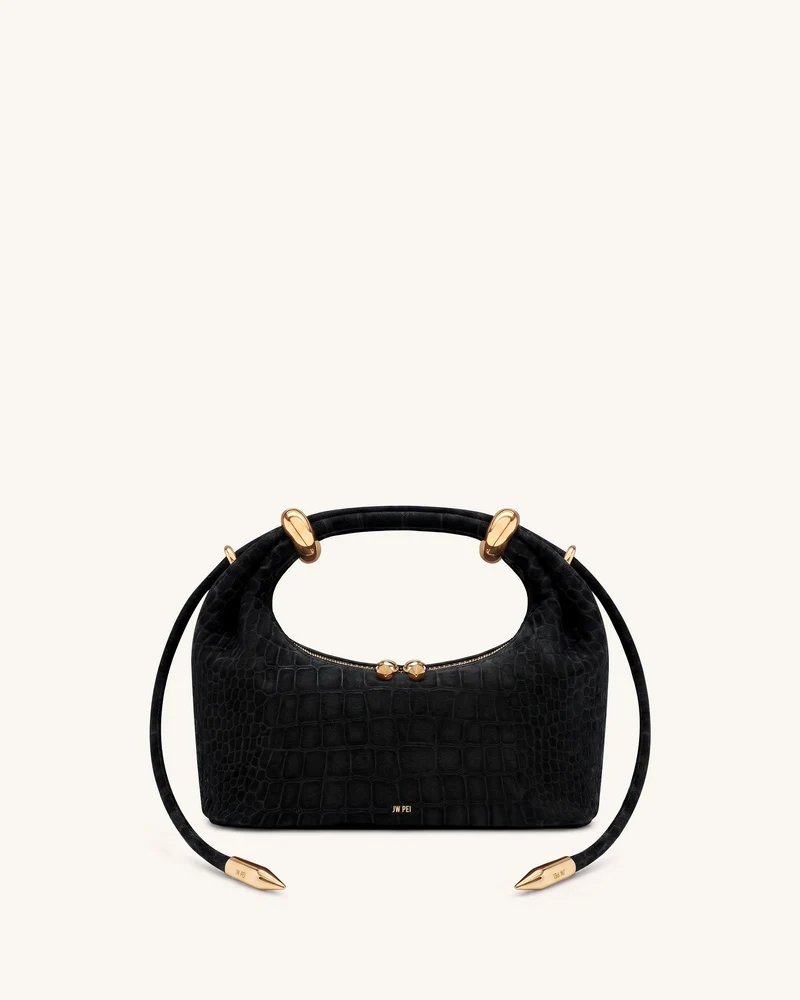 Ellie Handtasche aus Kunstwildleder mit Metallring-Detail – Schwarz in Kroko-Optik