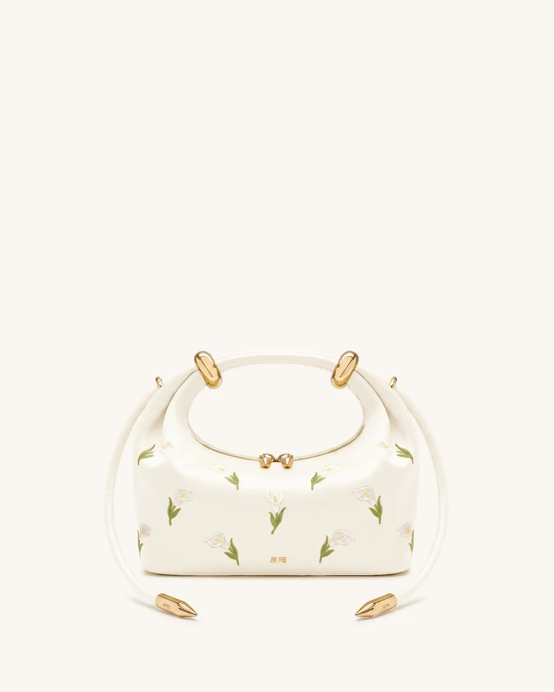Ellie Handtasche mit Satin-Finish, Bestickung und Metallring-Detail – Weiß