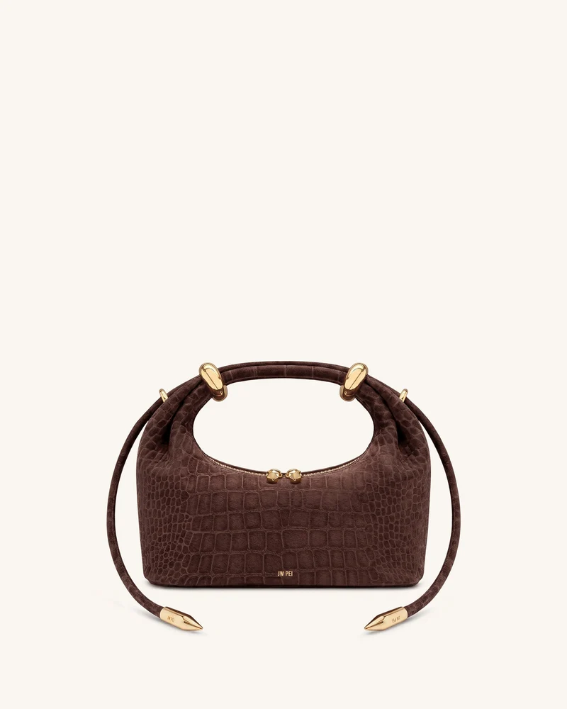 Ellie Handtasche aus Kunstwildleder mit Metallring-Detail – Schokoladenbraun in Kroko-Optik