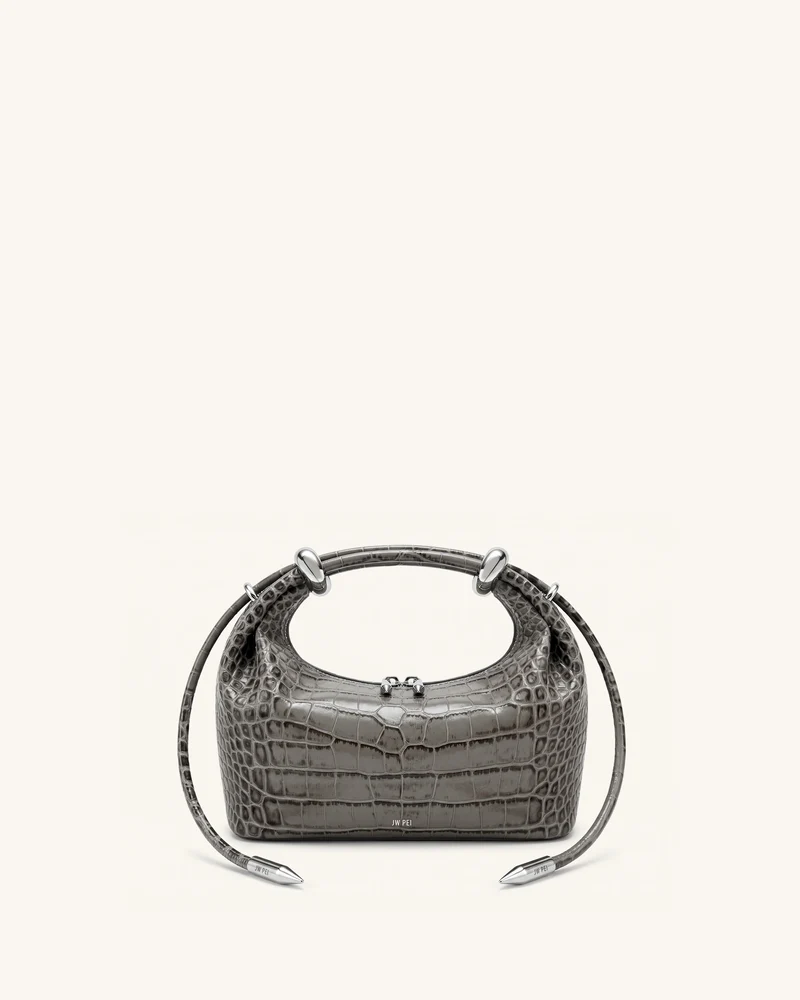 Ellie Handtasche mit Metallring-Detail – Mittelgrau in Kroko-Optik