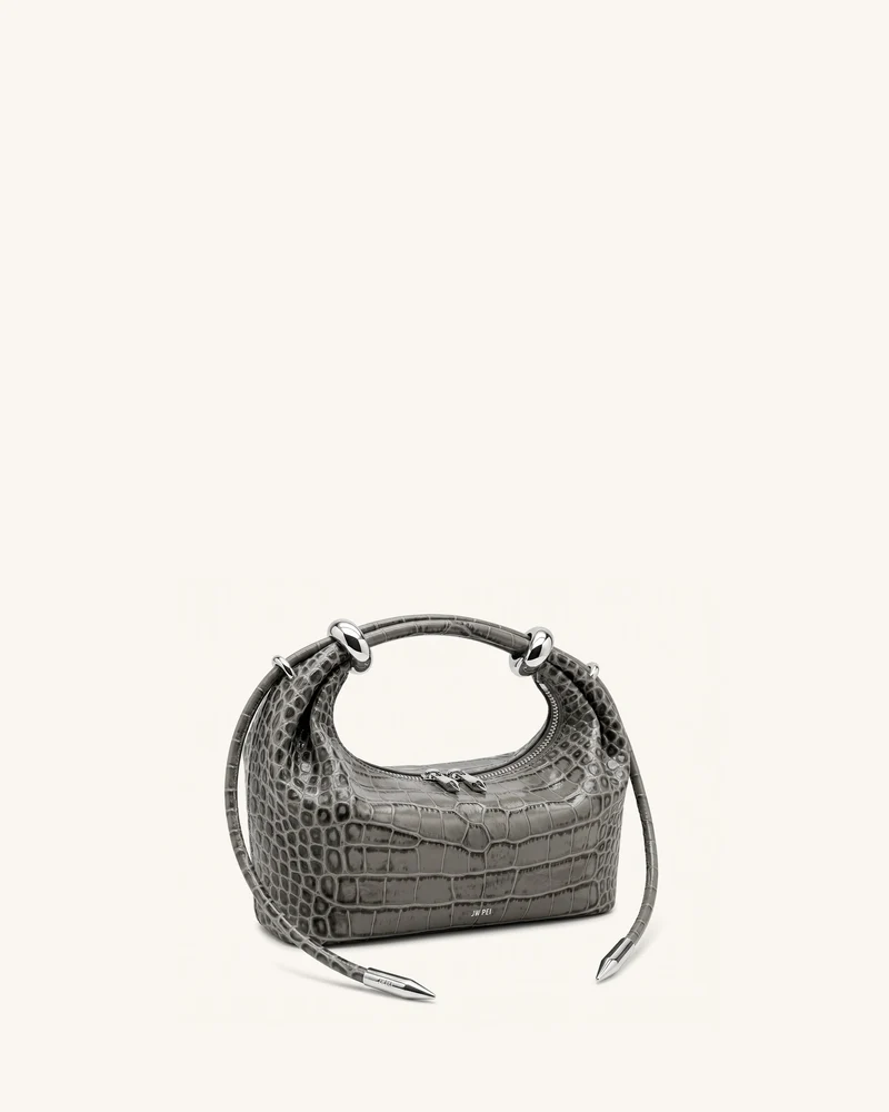 Ellie Handtasche mit Metallring-Detail – Mittelgrau in Kroko-Optik