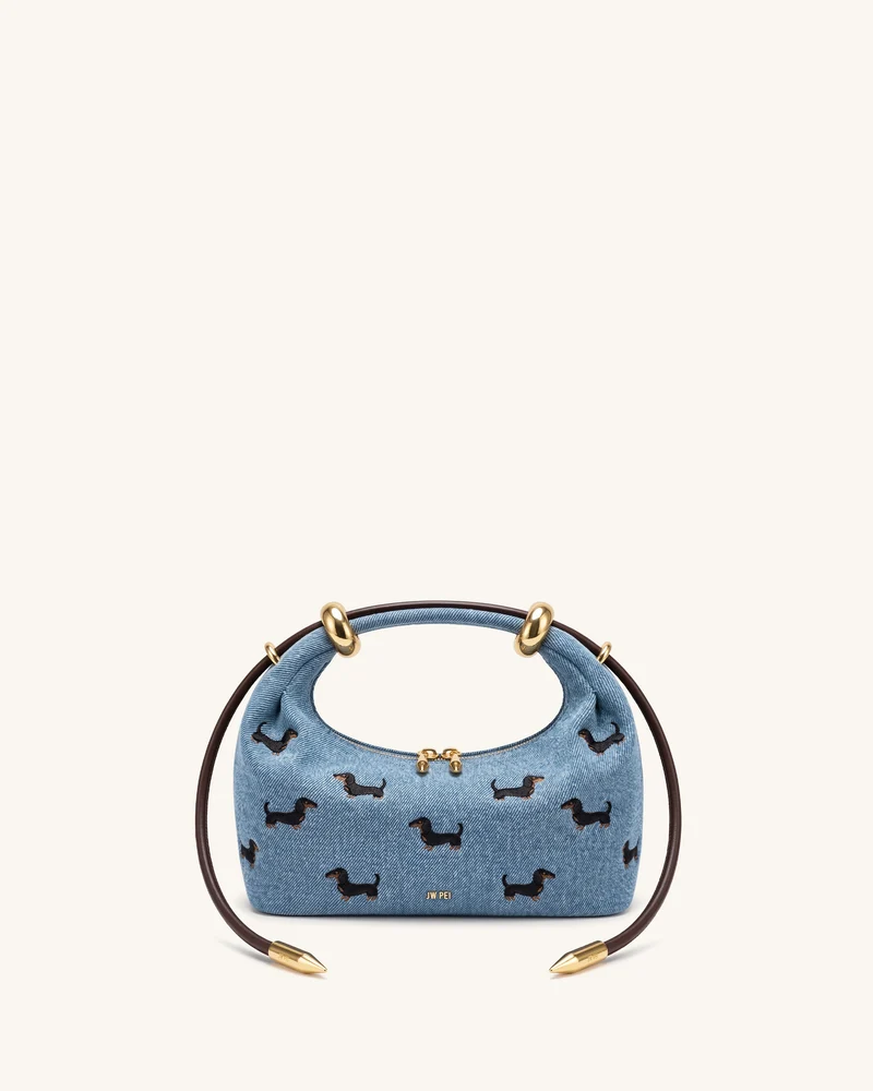 Ellie Handtasche mit besticktem Metallring-Detail – Vintage-Blau-Denim
