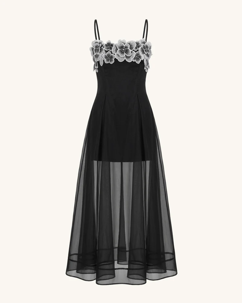 Transparentes, mehrlagiges Maxikleid mit Blumenstickerei - Schwarz