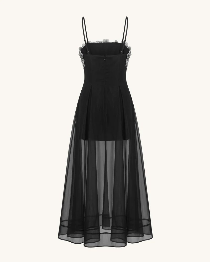 Transparentes, mehrlagiges Maxikleid mit Blumenstickerei - Schwarz