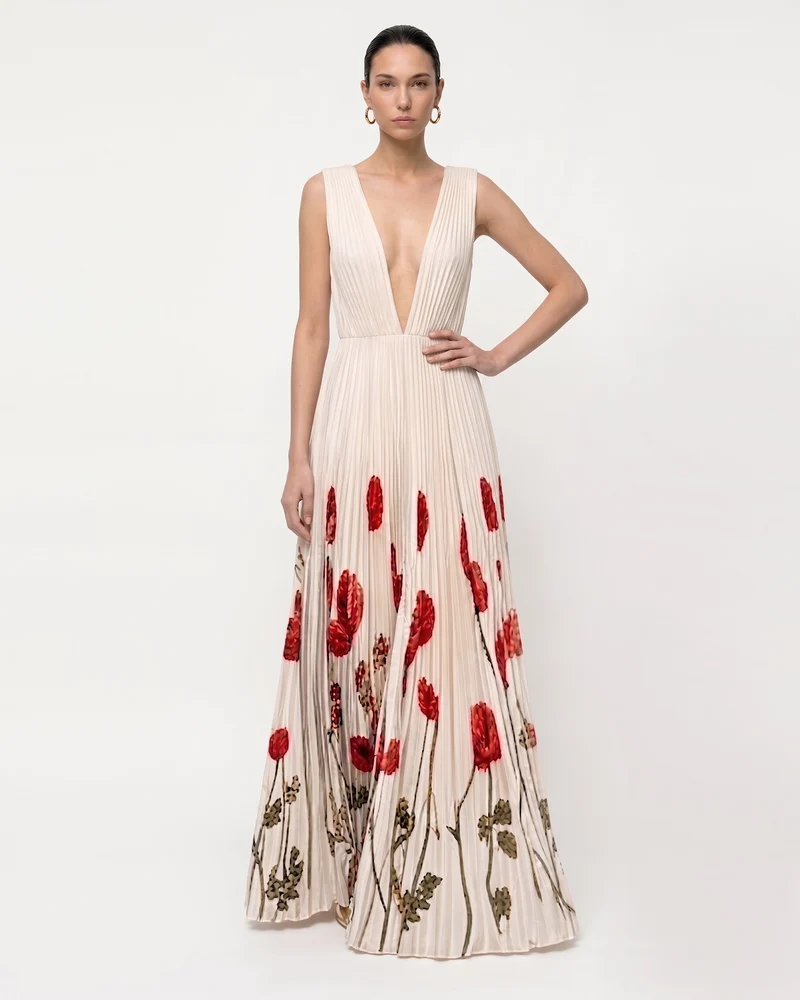 Plissiertes Maxikleid mit tiefem Ausschnitt und Mohnblumen-Print - Elfenbein