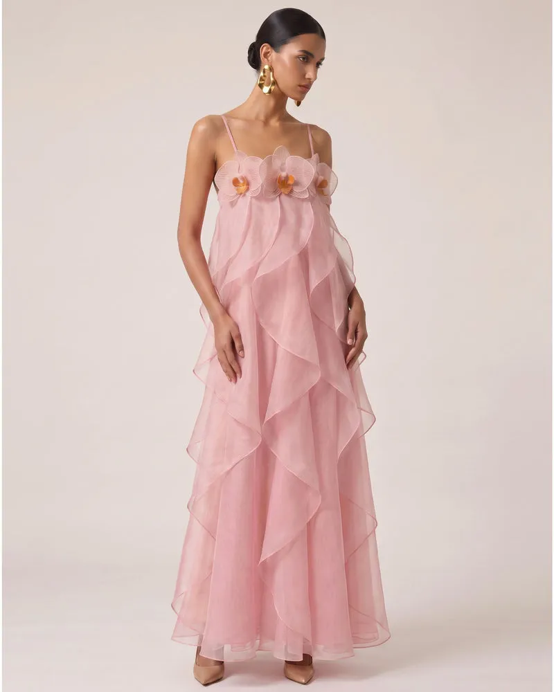 Maxikleid aus Organza mit Orchideenstickerei - Blush Pink