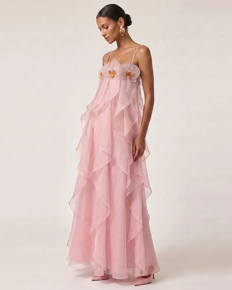 Maxikleid aus Organza mit Orchideenstickerei - Blush Pink