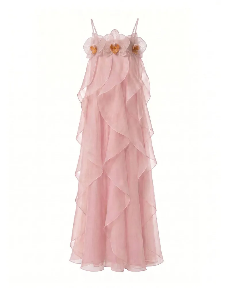 Maxikleid aus Organza mit Orchideenstickerei - Blush Pink