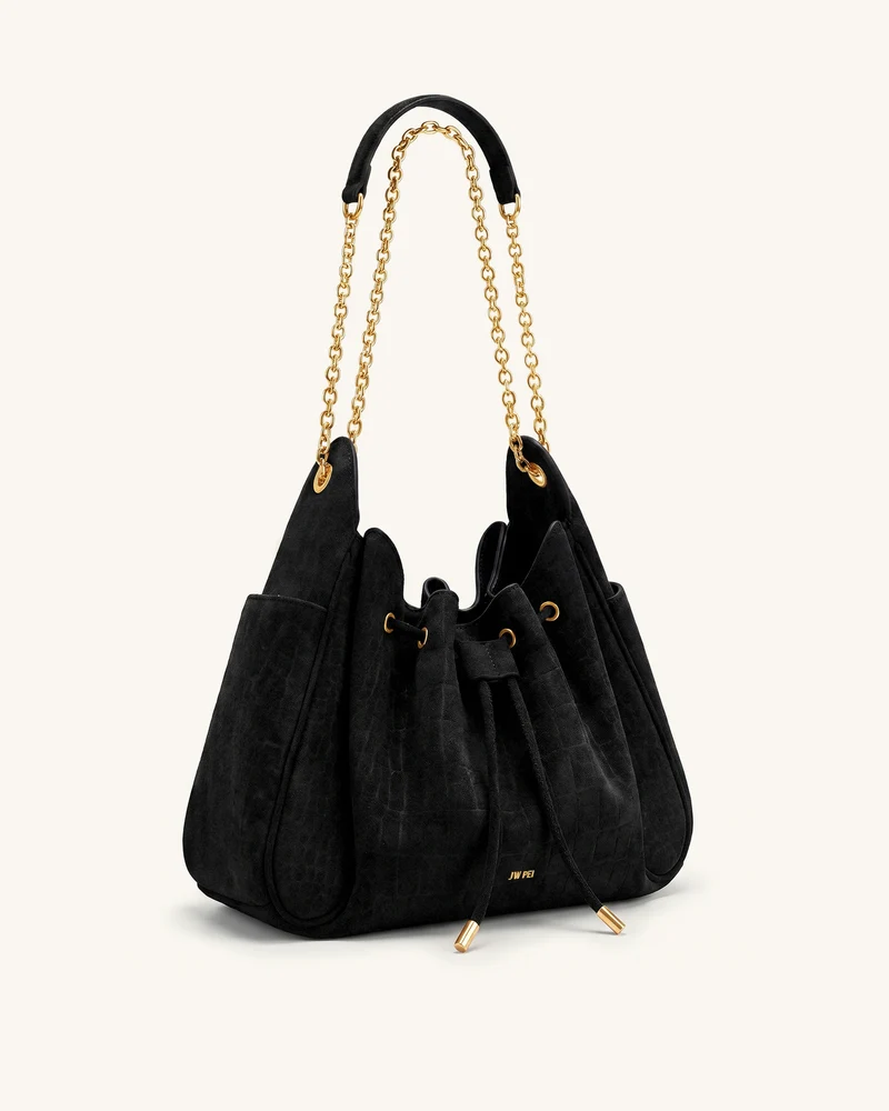 Rowan Ketten-Beuteltasche mit Kordelzug aus Wildlederimitat - Cooles Schwarzes Kroko-Muster
