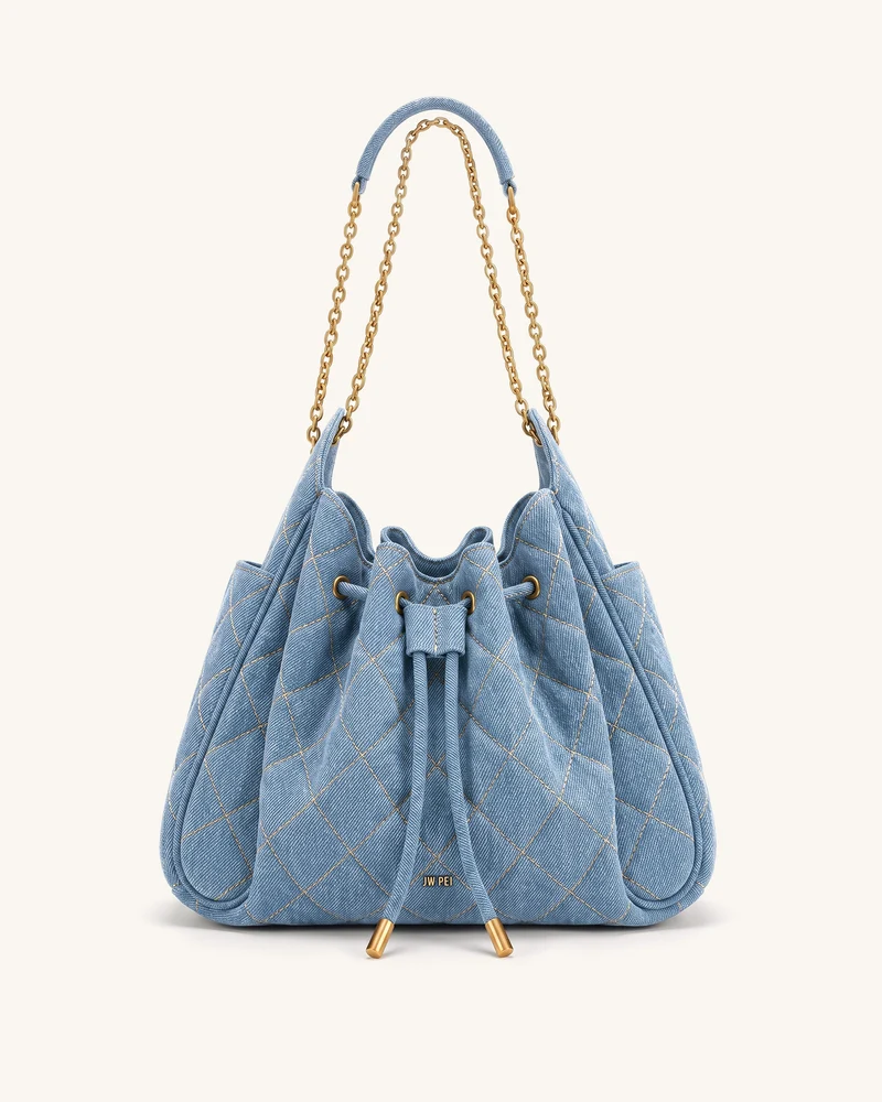Rowan Gesteppte, geraffte Ketten-Beuteltasche mit Kordelzug - Blaues Denim