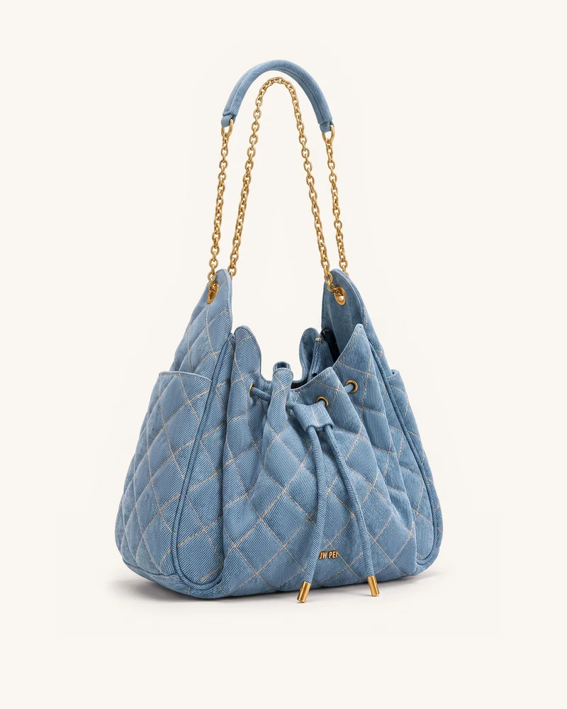Rowan Gesteppte, geraffte Ketten-Beuteltasche mit Kordelzug - Blaues Denim