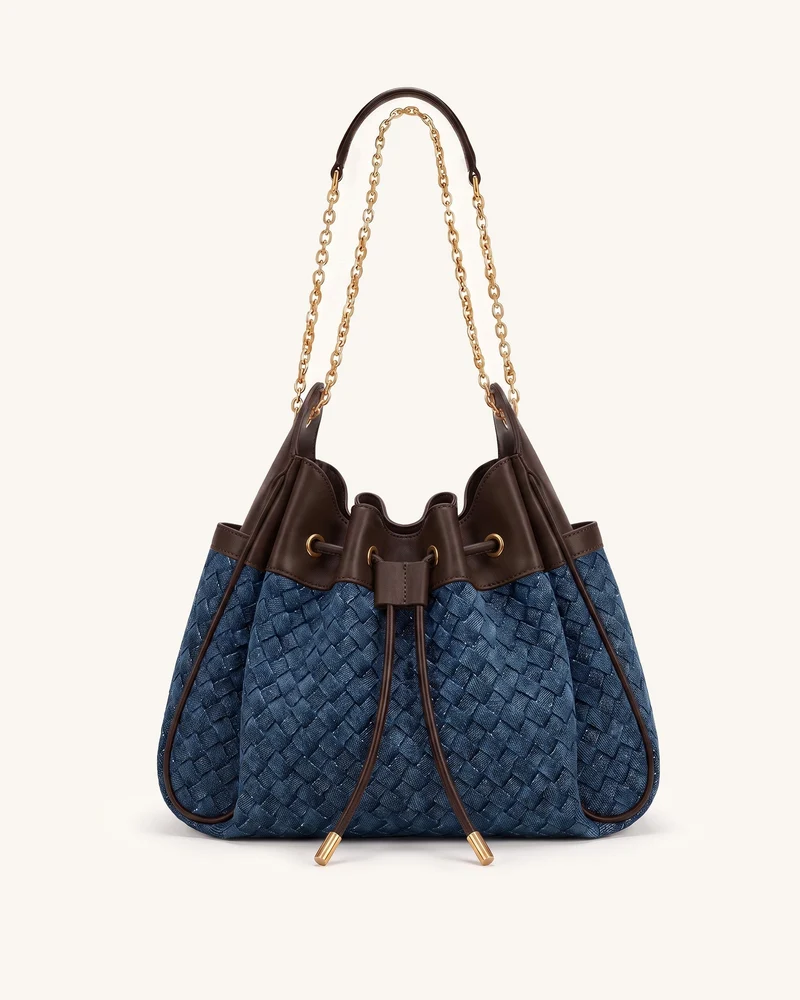 Rowan Gewebte, geraffte Ketten-Beuteltasche mit Kordelzug - Seeblaues Denim