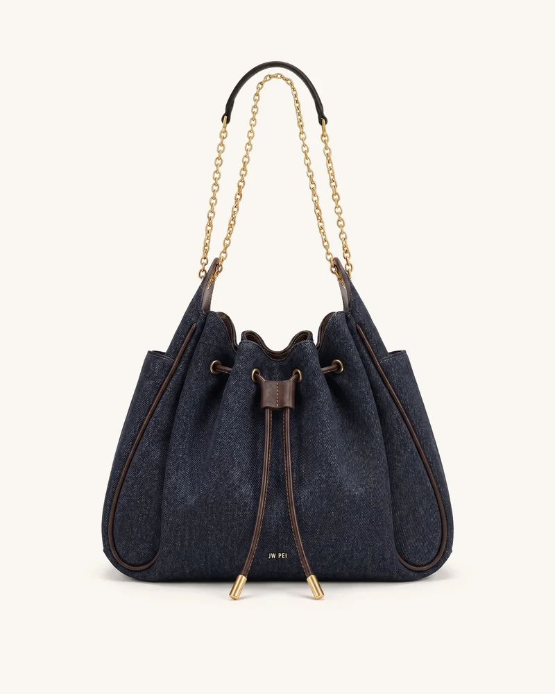 Rowan Geraffte Ketten-Beuteltasche mit Kordelzug - Schwarz-Blaues Denim