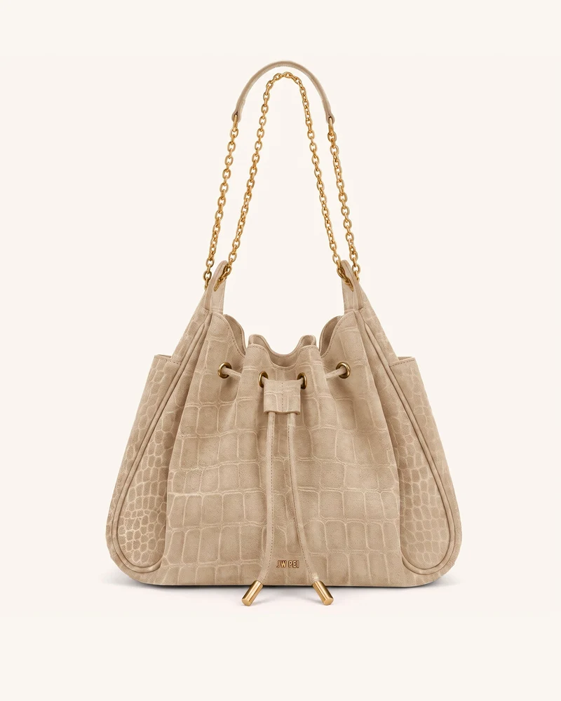 Rowan Ketten-Beuteltasche mit Kordelzug aus Wildlederimitat - Camel Kroko-Muster