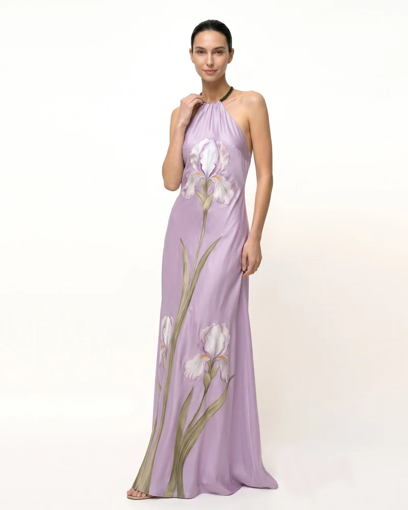 Iris Maxikleid mit Neckholder und Blumendruck - Lavendel