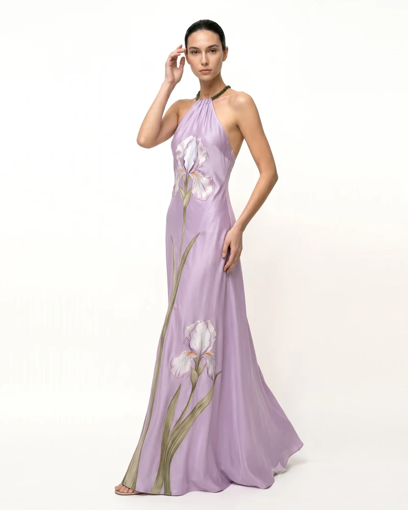 Iris Maxikleid mit Neckholder und Blumendruck - Lavendel