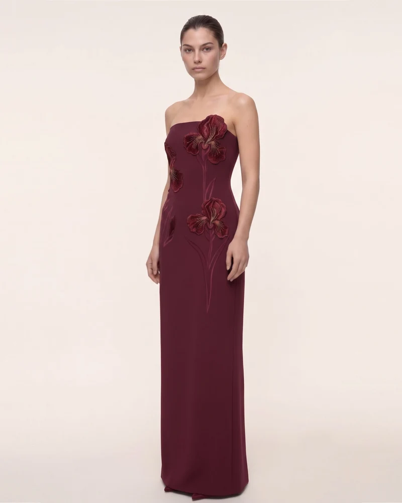 Iris Besticktes trägerloses Maxikleid - Burgund