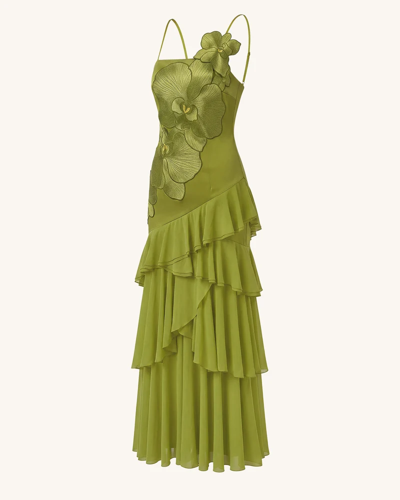 One-Shoulder-Maxikleid mit Orchideen-Stickerei und Rüschen - Olivgrün