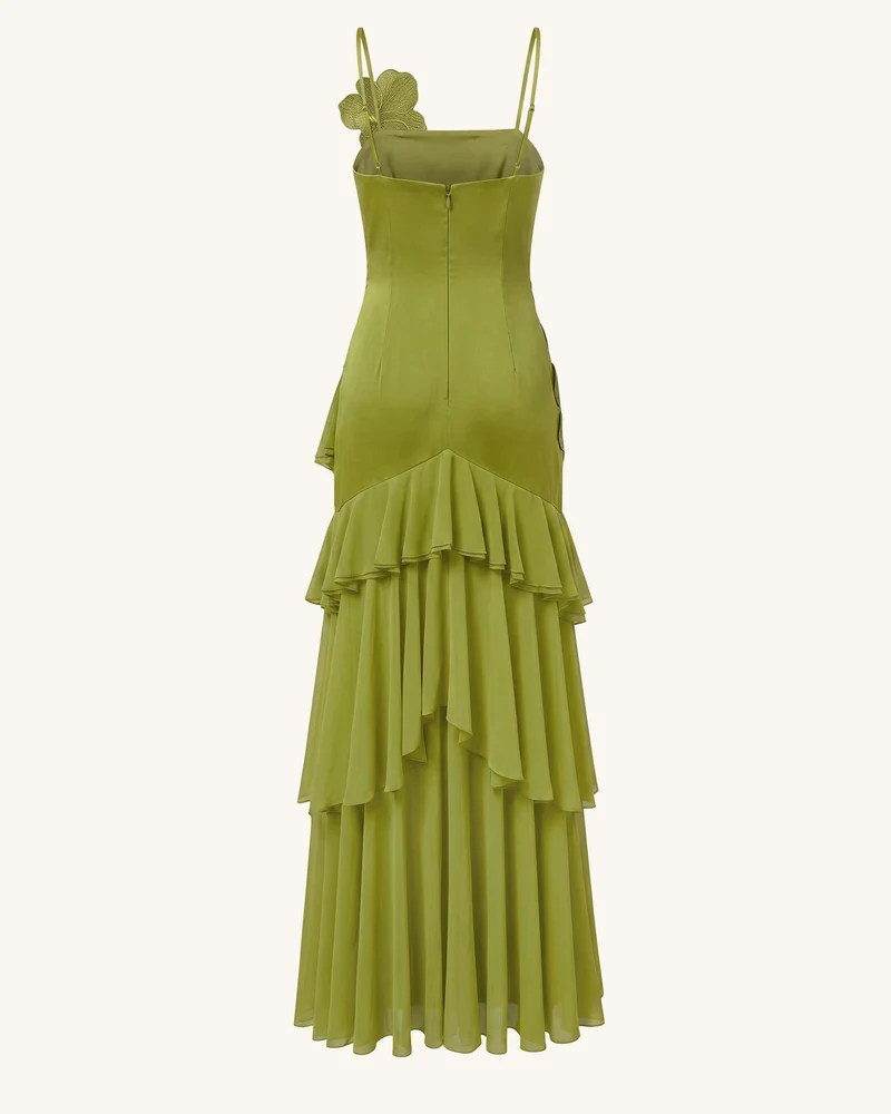 One-Shoulder-Maxikleid mit Orchideen-Stickerei und Rüschen - Olivgrün