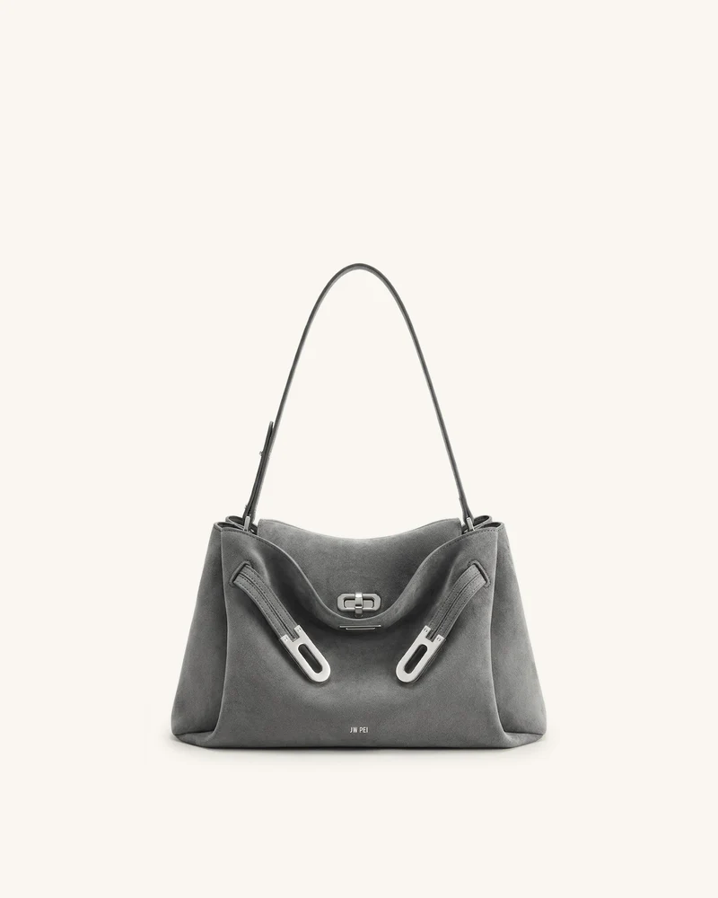Rhea Schultertasche aus Wildlederimitat mit Doppelschnalle - Grau