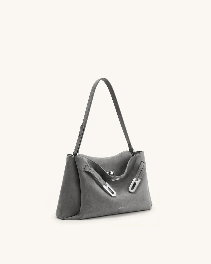 Rhea Schultertasche aus Wildlederimitat mit Doppelschnalle - Grau