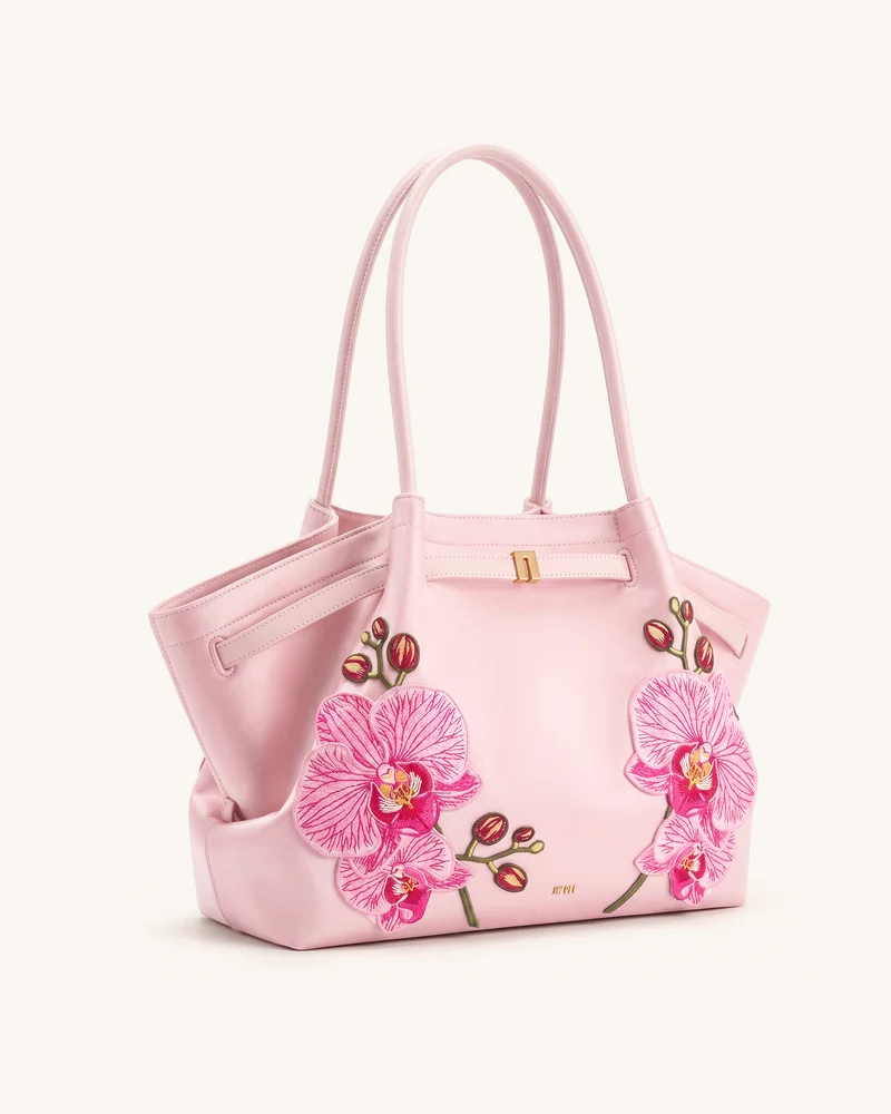 Hana Große Tote Bag mit Orchideen-Stickerei - Pink