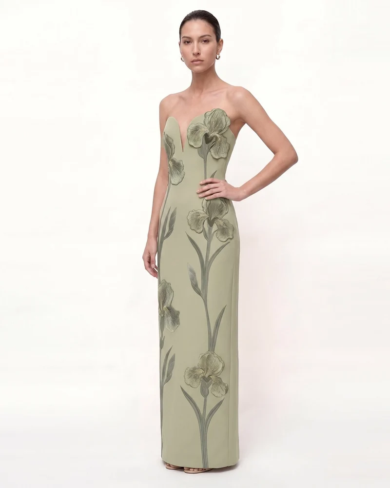 Iris Besticktes trägerloses Maxikleid mit Kerbausschnitt - Salbeigrün