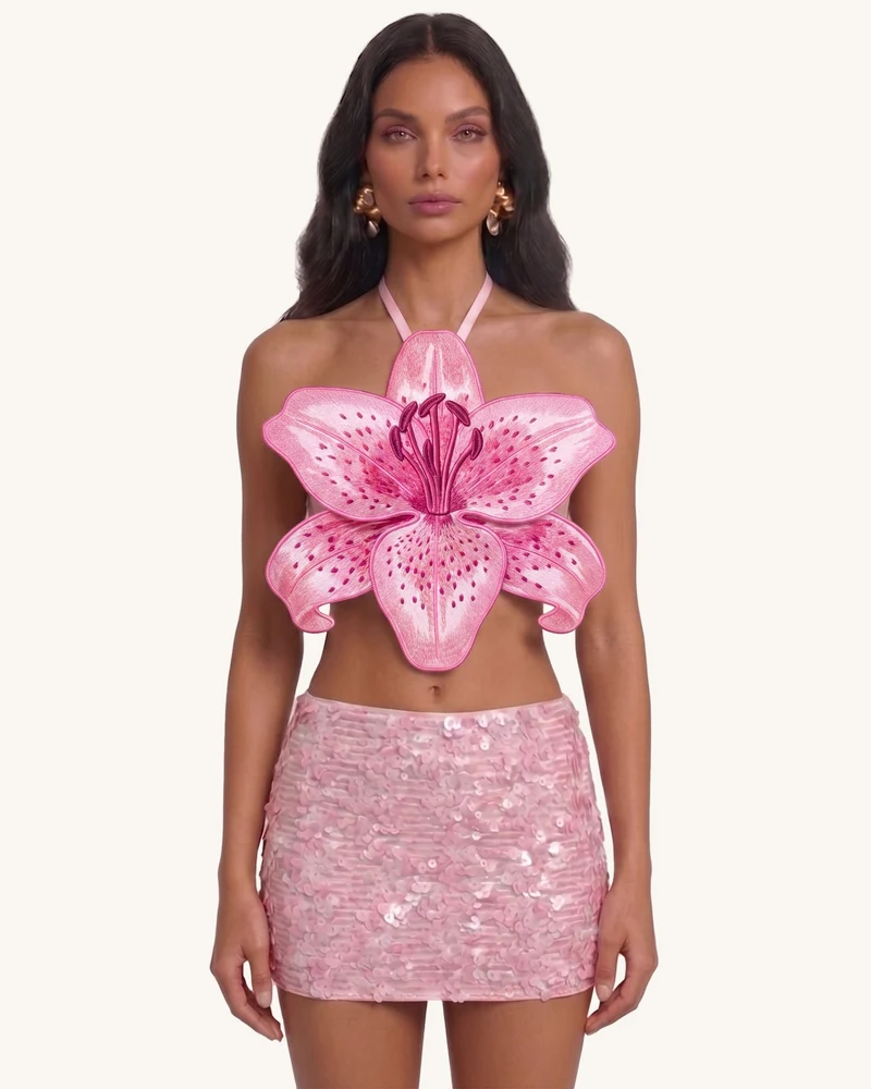 Neckholder-Crop-Top mit 3D-Lily - Pink