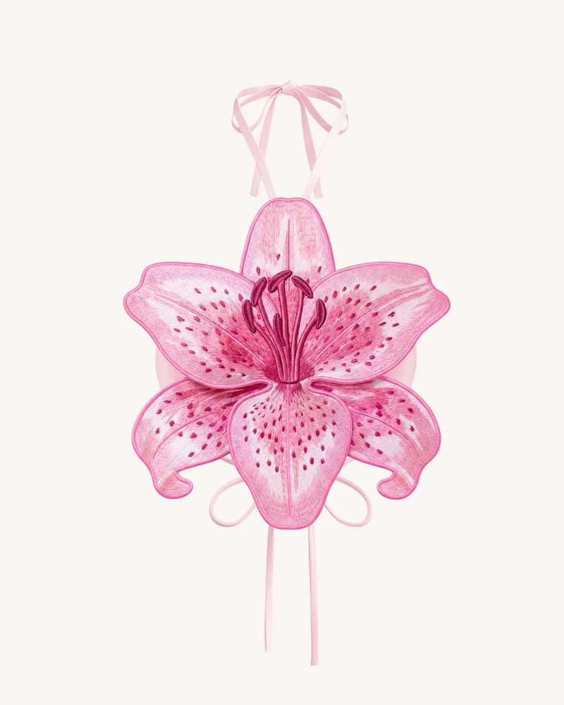 Neckholder-Crop-Top mit 3D-Lily - Pink