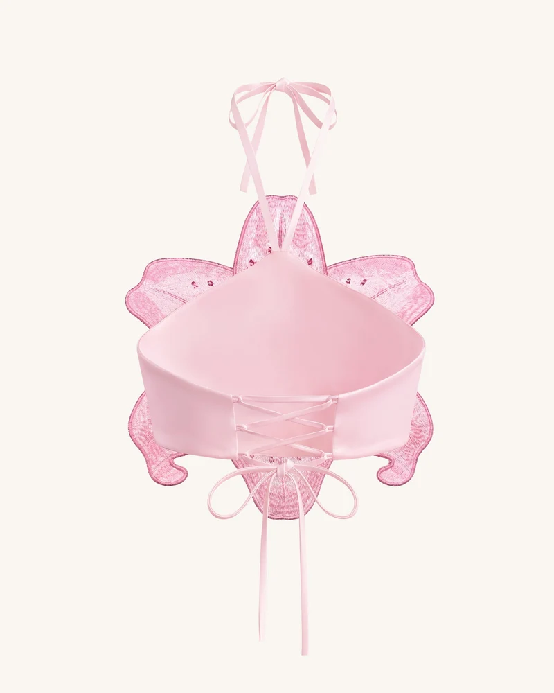 Neckholder-Crop-Top mit 3D-Lily - Pink