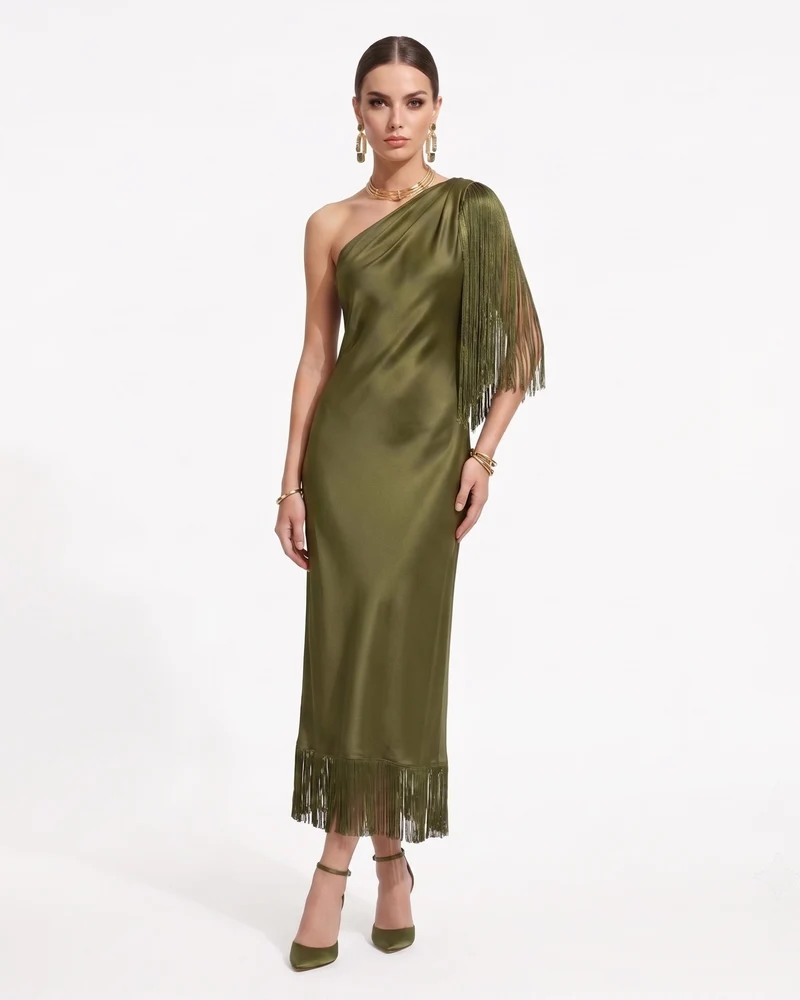 One Midikleid mit Schulterfransen - Olivgrün