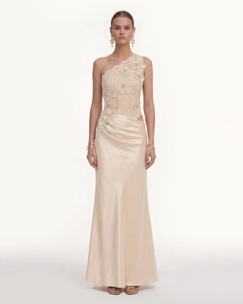 Florales One-Shoulder-Satinkleid - Creme