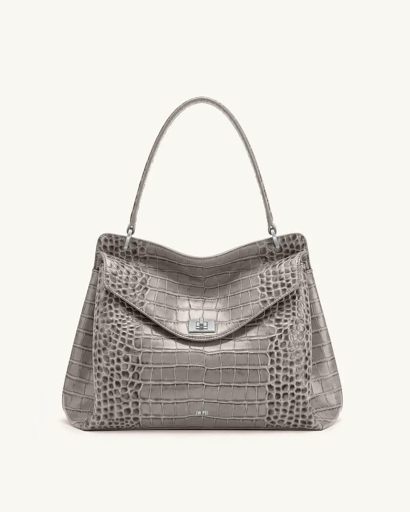 Lucia Schultertasche mit Drehverschluss - Grau mit Krokoprägung