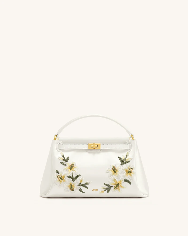 Carmen Henkeltasche mit Lilien-Stickerei - Elfenbeinweiß