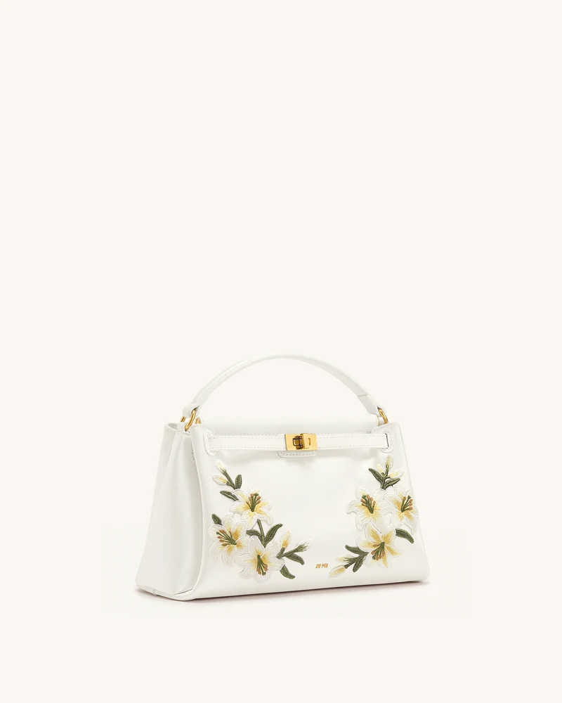 Carmen Henkeltasche mit Lilien-Stickerei - Elfenbeinweiß