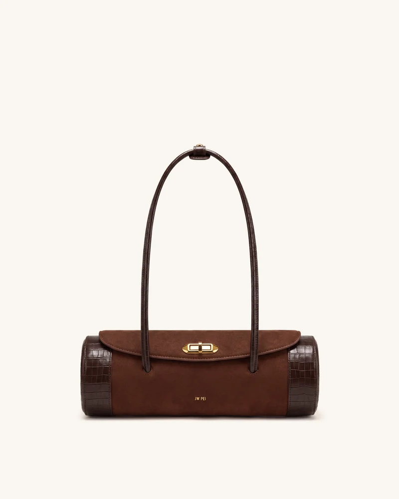 Maelis Barrel-Bag aus Kunstwildleder mit Kroko-Besatz - Dunkelbraun