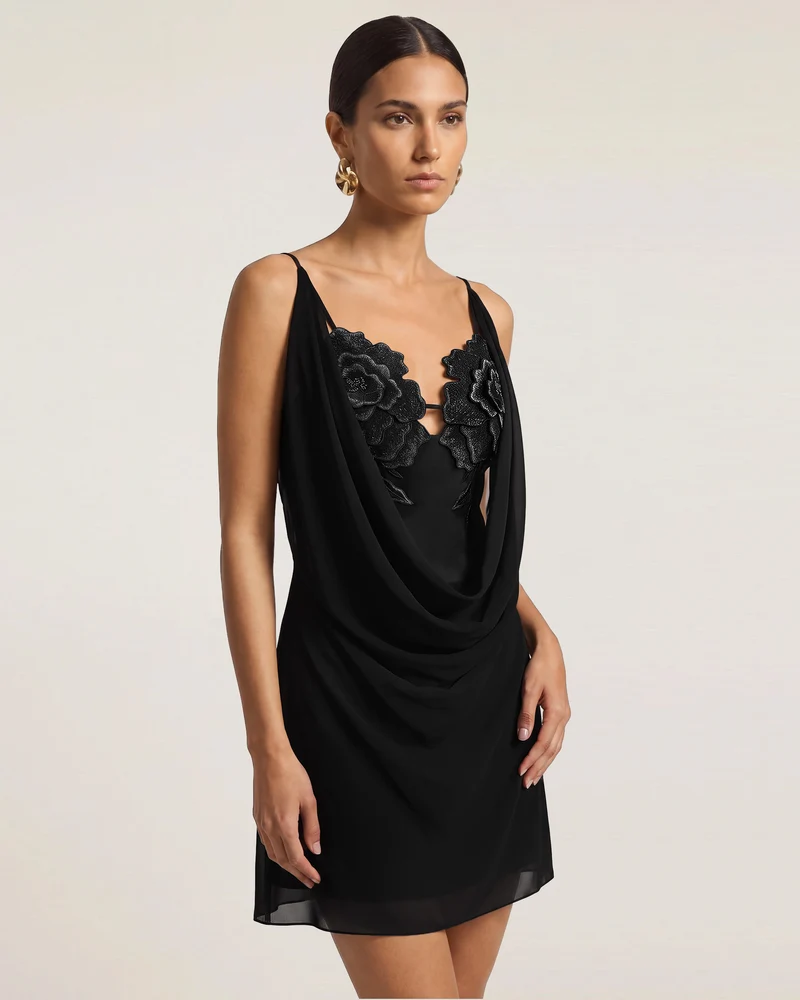 Minikleid mit Blumenstickerei und Wasserfallausschnitt - Schwarz