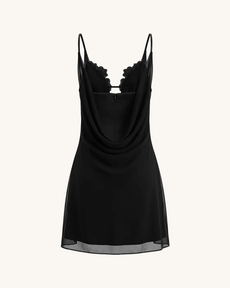 Minikleid mit Blumenstickerei und Wasserfallausschnitt - Schwarz