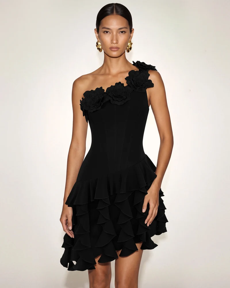 One-Shoulder-Minikleid im Korsett-Stil mit Blumenstickerei - Schwarz